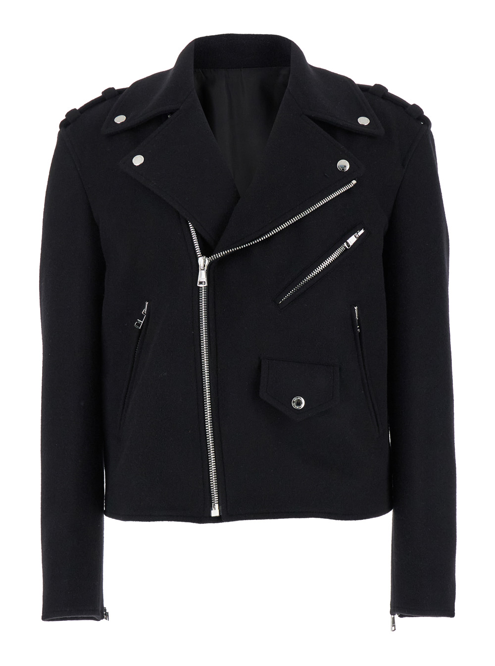 Balmain Men's Black Biker Jacket With Zip Closure In Wool Man Virgin Polyamide Outerwear