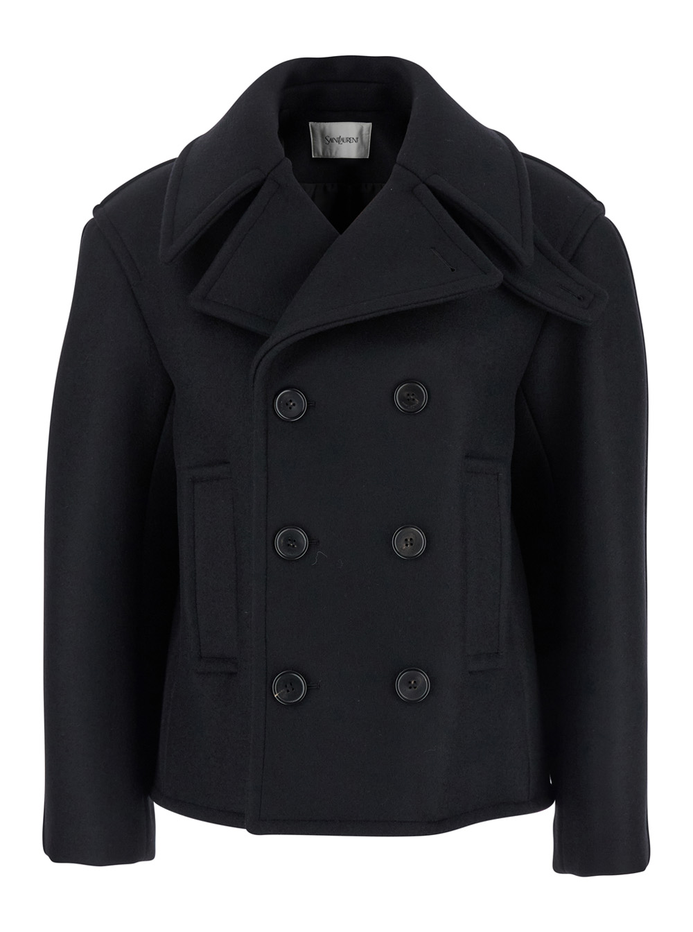 Saint Laurent Black Double-Breasted Coat with Classic Wide Revers in Wool Woman Outerwear – Women