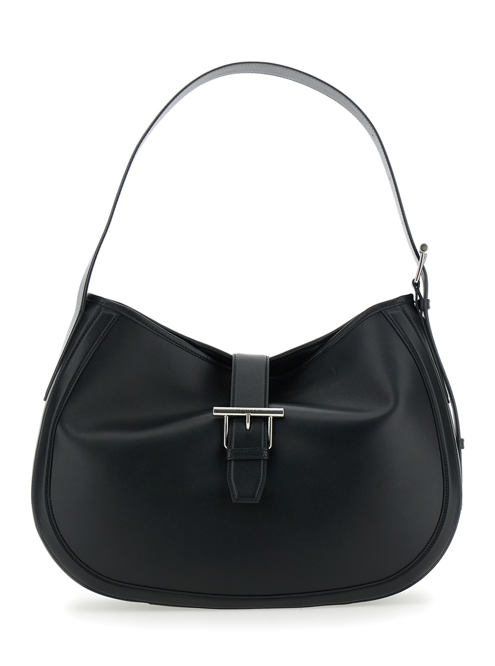 Alexander McQueen Black Shoulder Bag with Adjustable Strap and T Buckle Closure on the Front in Leather Woman Calf – Women