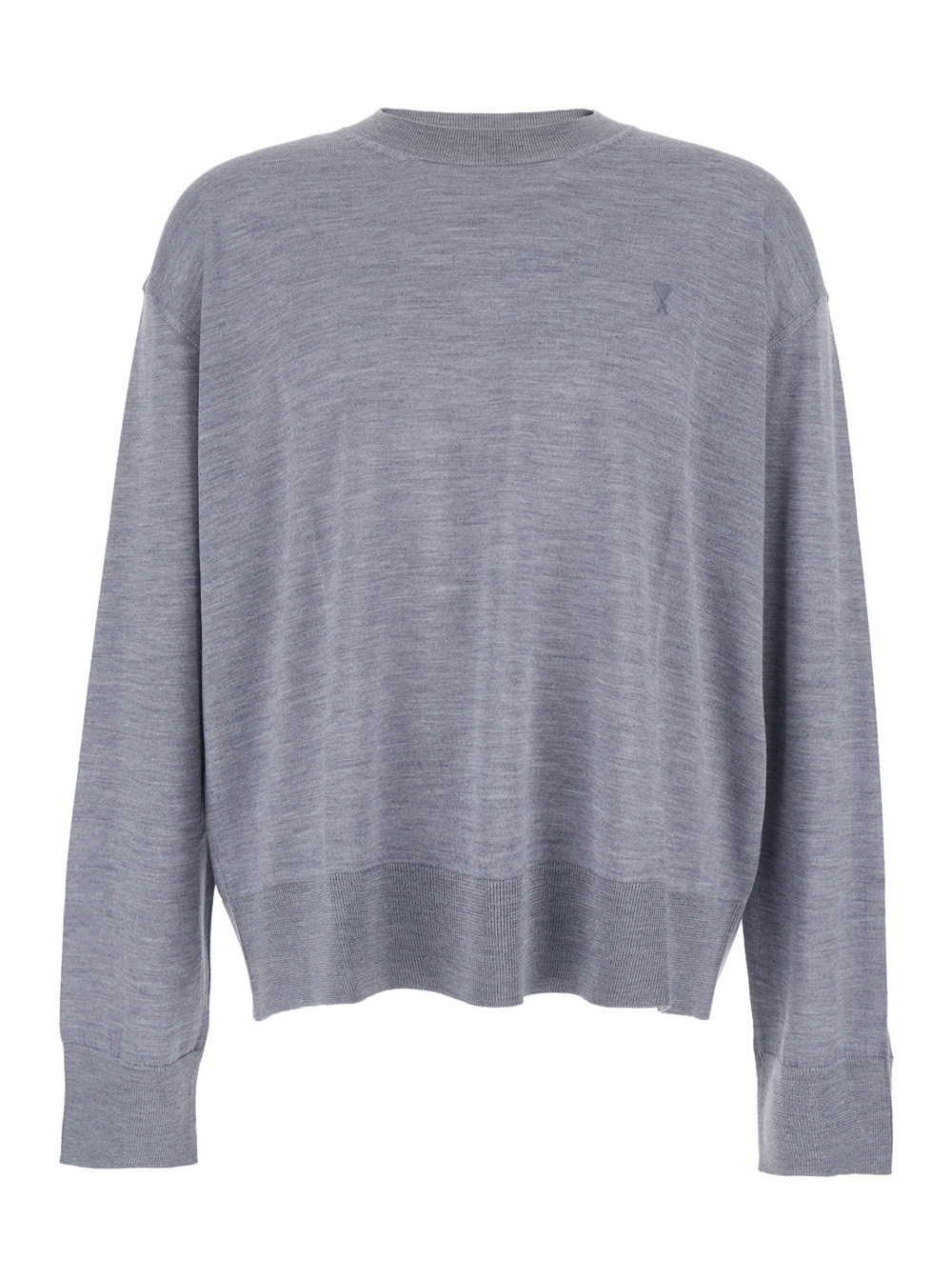 AMI Paris AMI Paris Grey Crew Neck Sweater with Embroidered Logo on the Front in Wool Man Jersey - Men　アミ パリ グレー クルーネック セーター、前面にロゴ