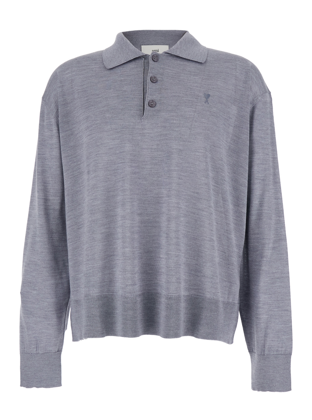 Ami Paris Men's Grey Polo Shirt With Classic Collar And Adc Embroidery On The Front In Wool Silk Blend Man Tshirts