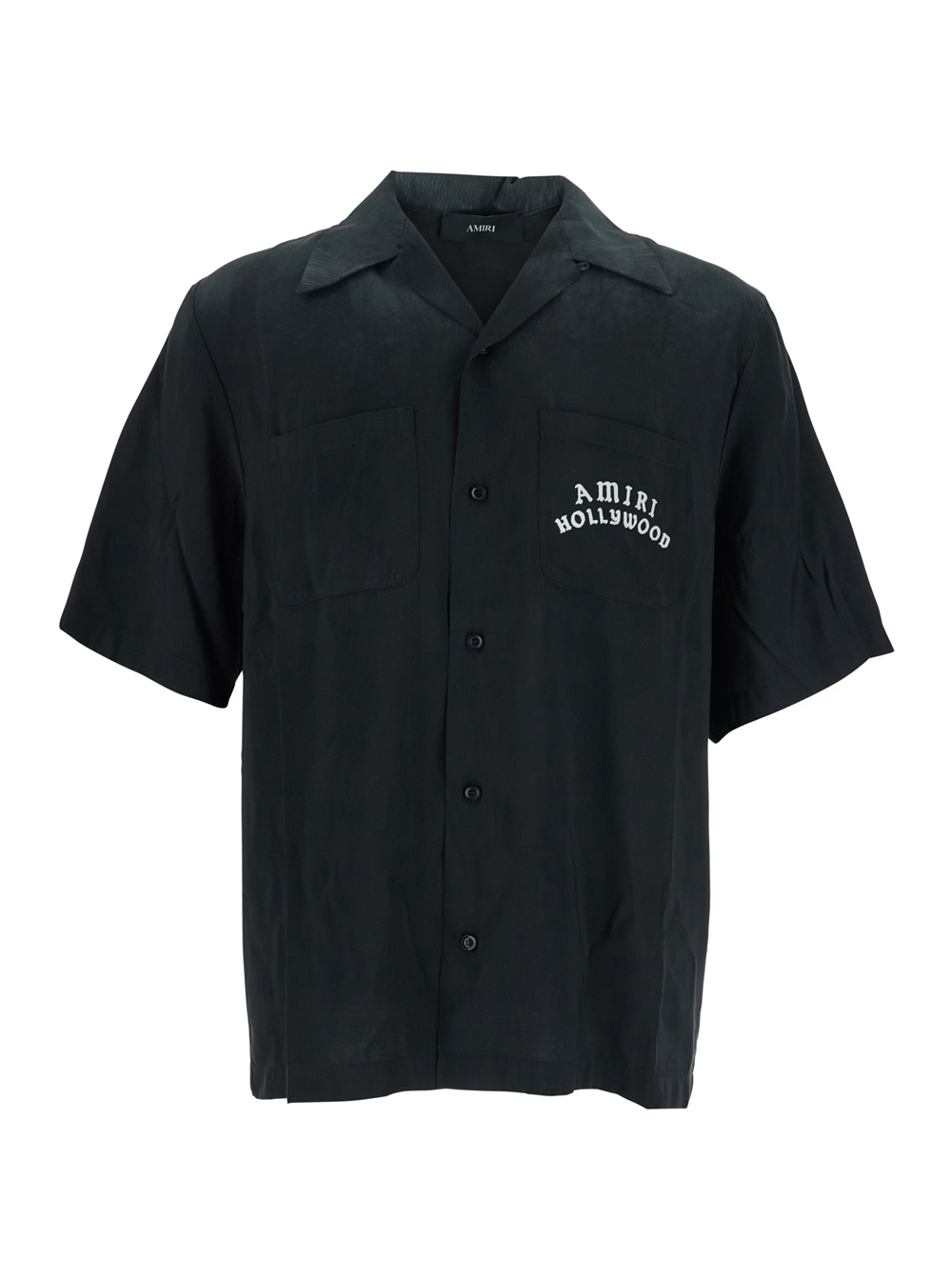 Amiri Amiri Black Shirt with Cuban Collar and Logo Lettering on Front in Modal Man Polyester Blouses - Men　アミリ ブラック シャツ、キューバ襟と