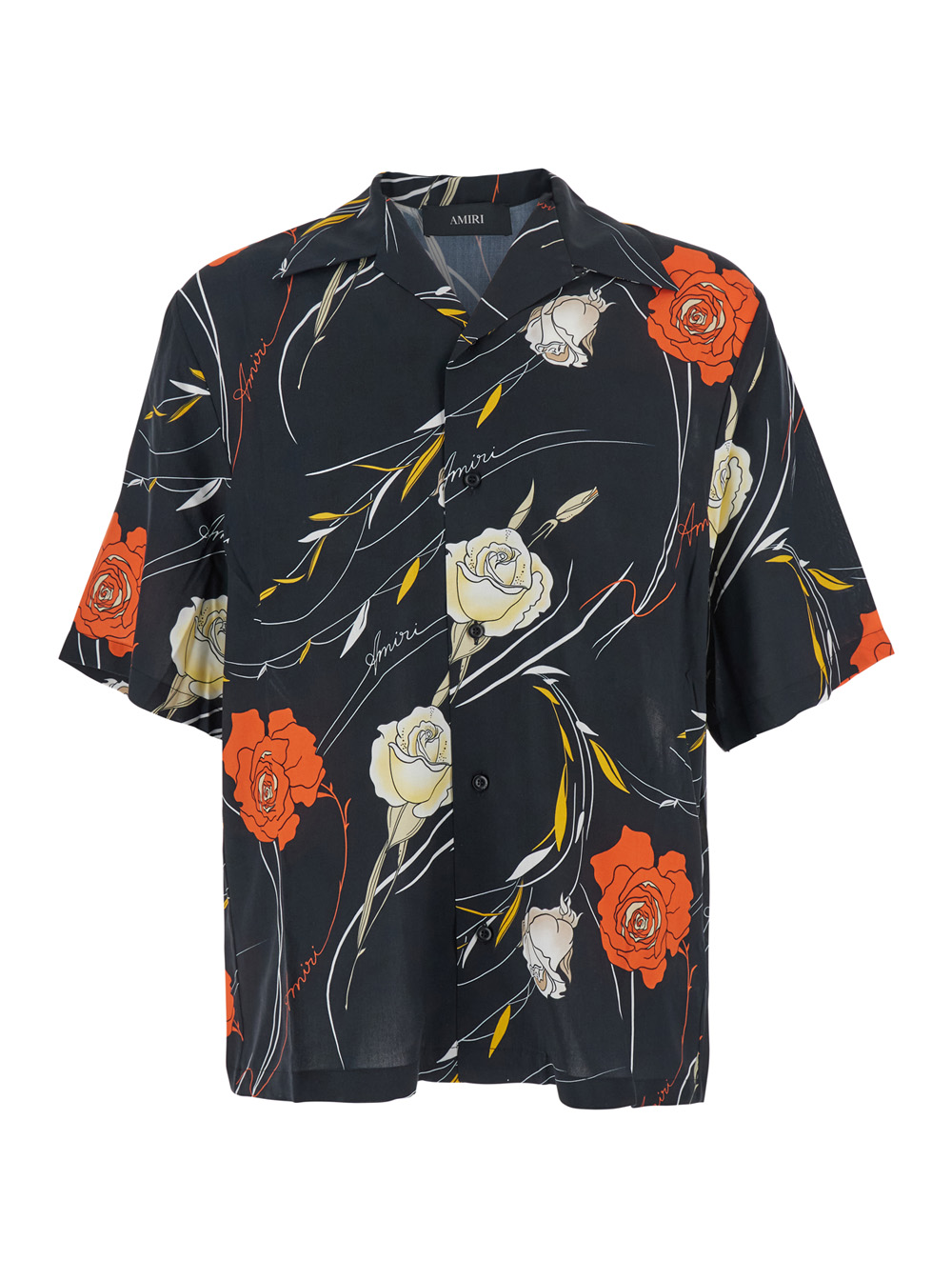 Amiri Men's Black Bowling Shirt With Cuban Collar And All-Over Floral Motif In Viscose Man Blouses