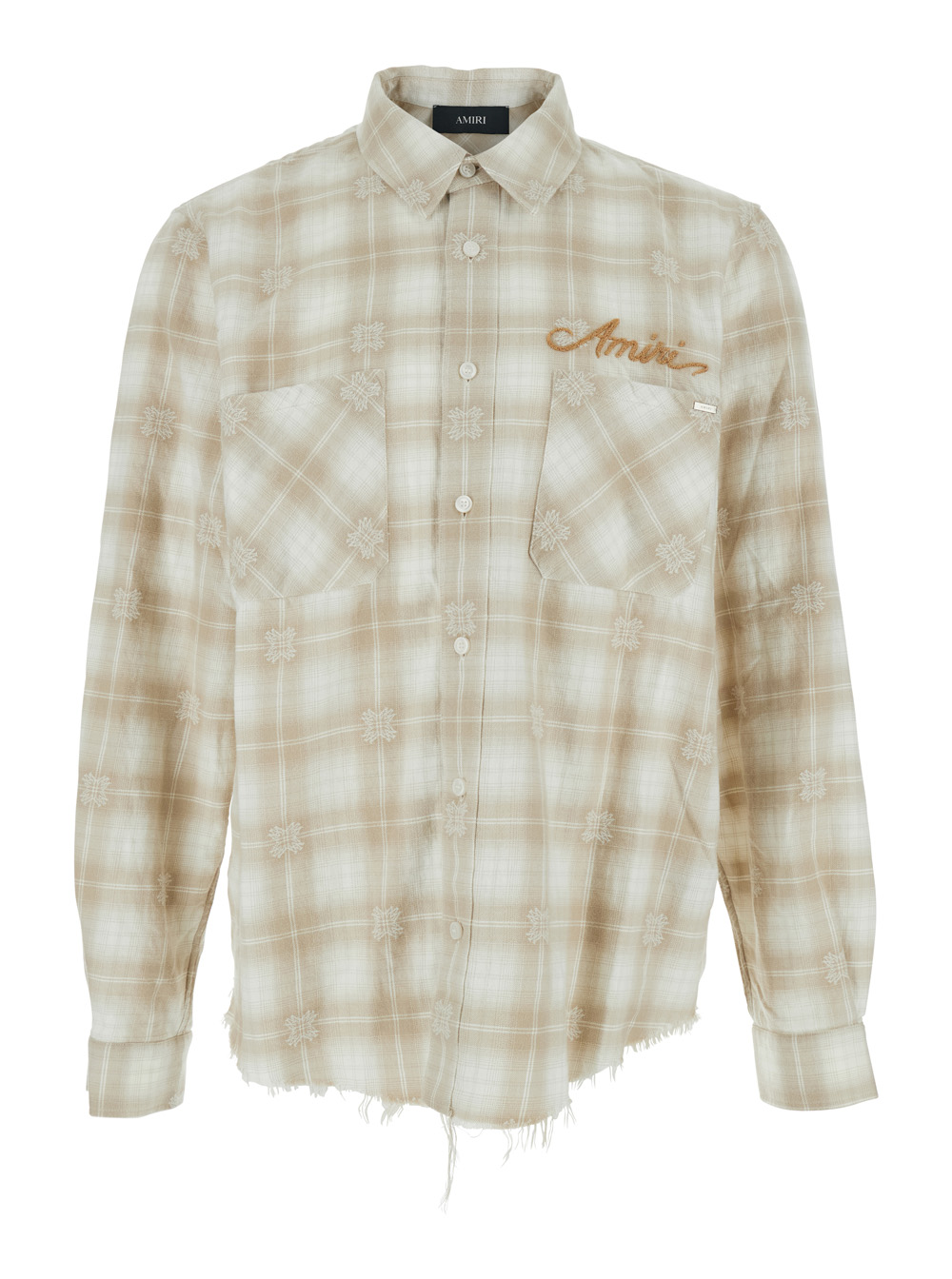 Amiri Amiri Beige Shirt with Check Pattern and Lettering Logo on Front Backin Flannel Man Cotton Blouses - Men　アミリ ベージュ シャツ フロ
