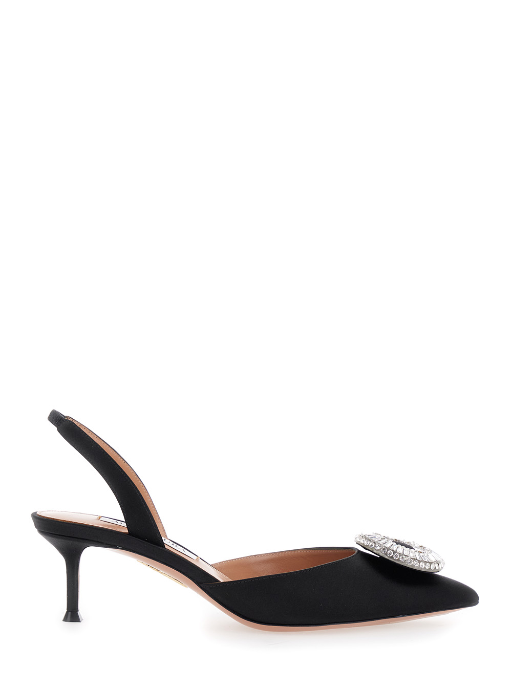 Aquazzura Crystal Hoop Black Slingback Pumps with Rhinestoned Embellishment and Kitten Heel in Tech Fabric Woman Heels – Women