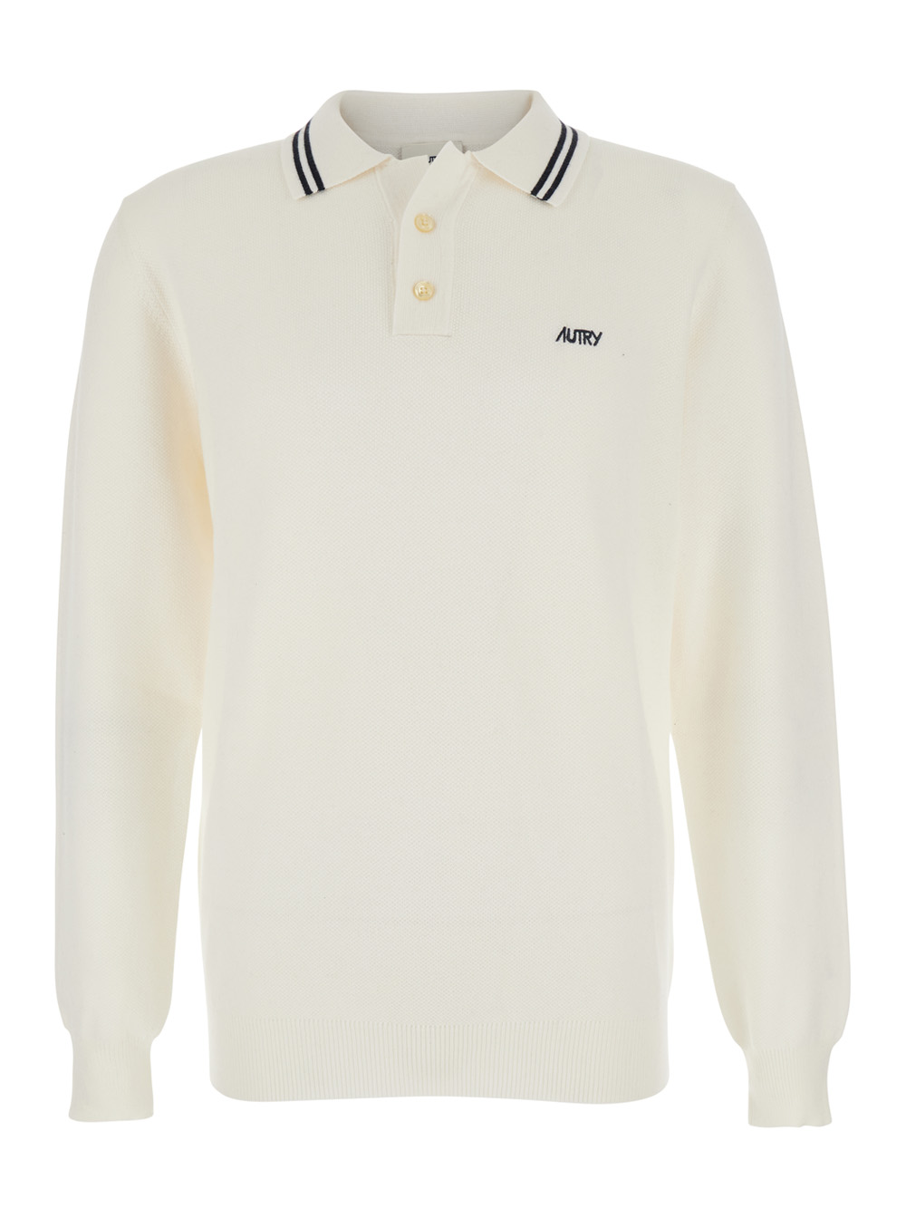 Autry Men's White Long-Sleeve Polo Shirt With Striped Collar And Logo Lettering Embroidery On The Front In Wool Cotton Blend Man Tshirts