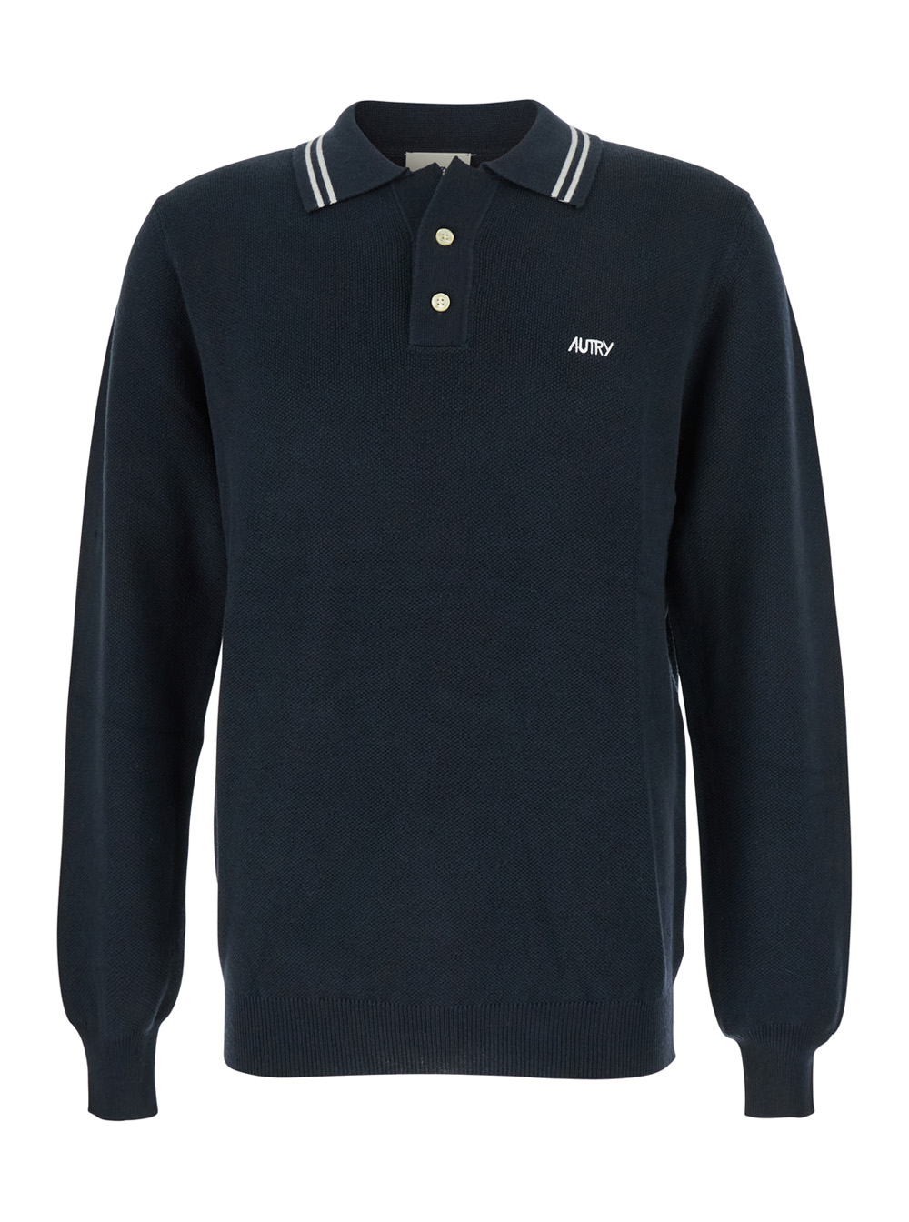 Autry Men's Blu E Long-Sleeve Polo Shirt With Striped Collar And Logo Lettering Embroidery On The Front In Wool Cotton Blend Man Tshirts