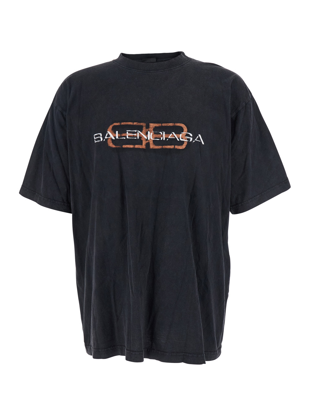 BALENCIAGA Balenciaga Black Crewneck T-Shirt with Logo on the Front in Cotton Man Tshirts And Polo Shirts - Men　バレンシアガ ブラック クルーネック 
