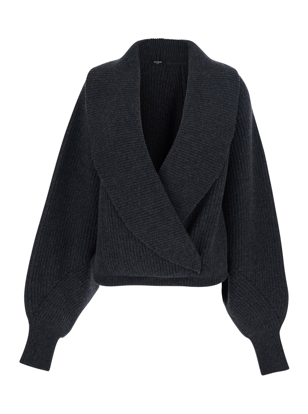 Balmain Grey Sweater with Weap Effect and Wide Revers in Wool Woman Jersey – Women