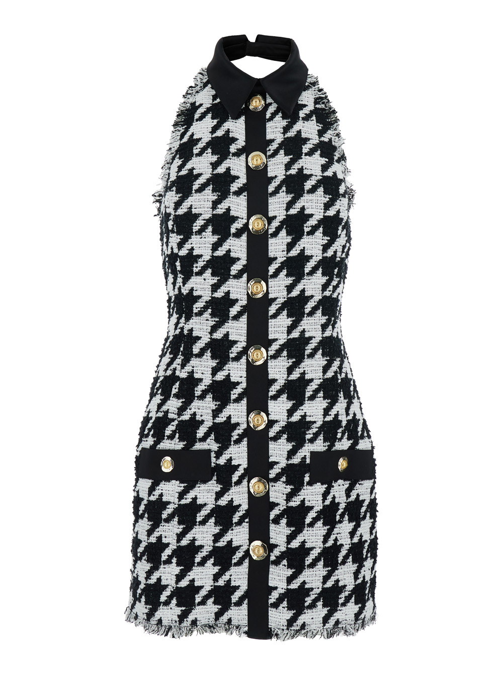 Balmain Black and White Halterneck Mini Dress with Houndstooth Motif in Tweed Satin Woman White/black – Women