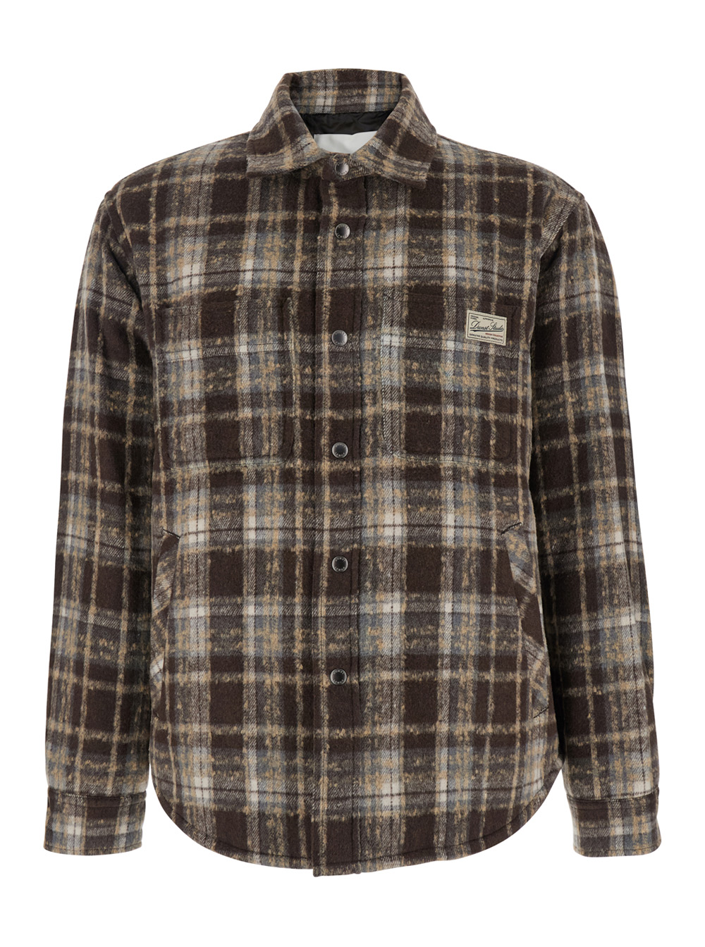 Dunst Men's Brown Checkered Shirt With Front Logo Patch In Flannel Man Polyester And Blouses