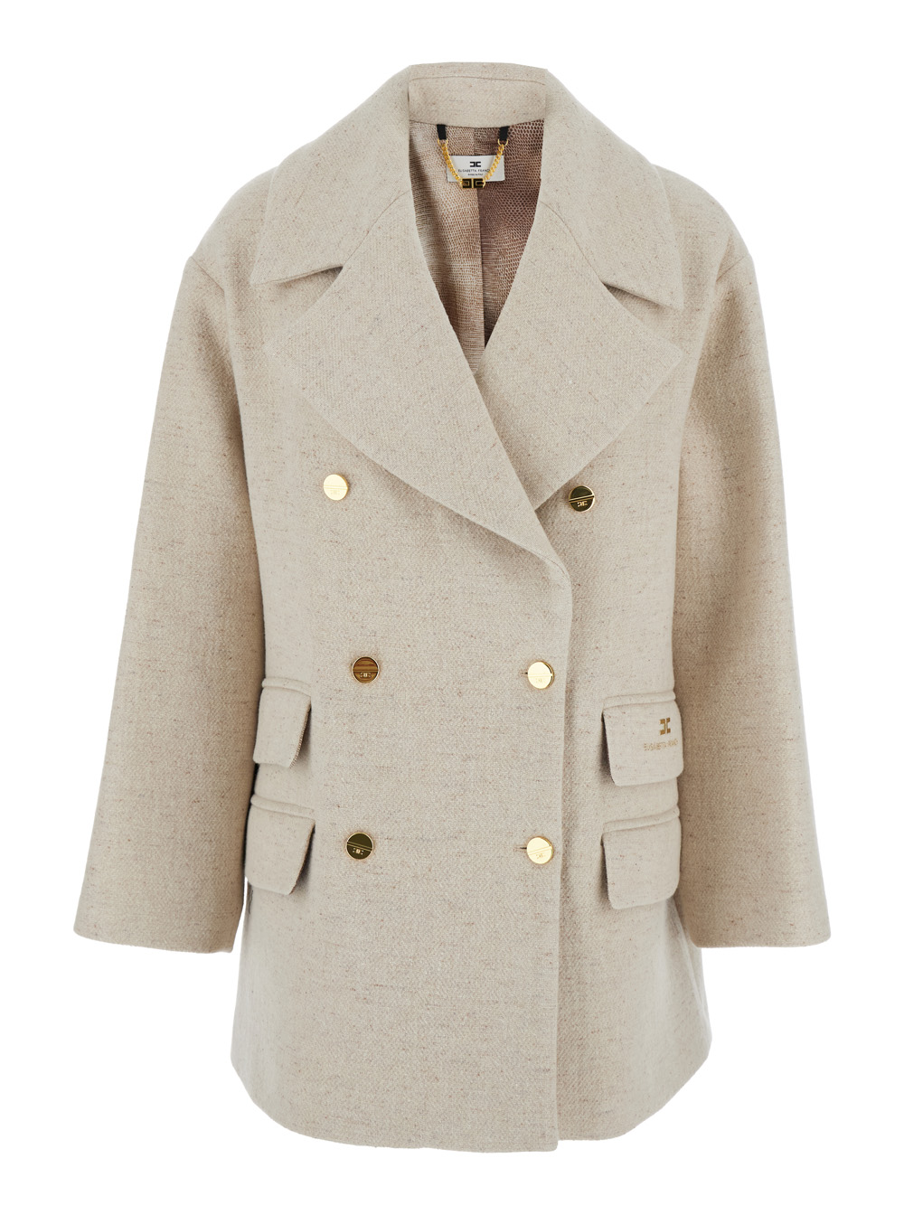 Elisabetta Franchi Women's White Coat With Wide Lapels And Logo Printed On The Side In Wool Silk Blend Woman Virgin Polyamide Outerwear