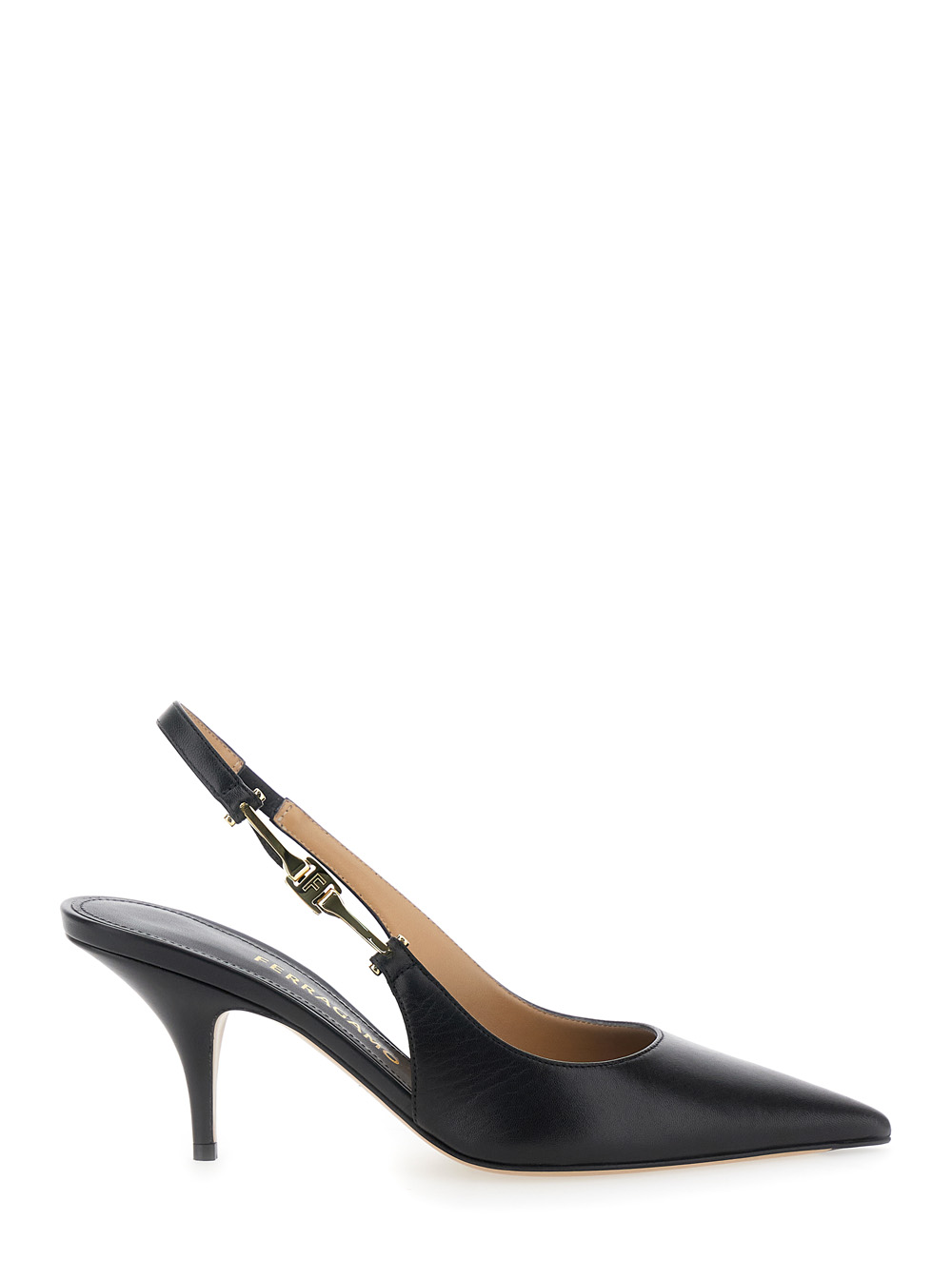 Ferragamo Tally Black Slingback Pumps with Medium Stiletto Heel in Leather Woman Goat Heels – Women
