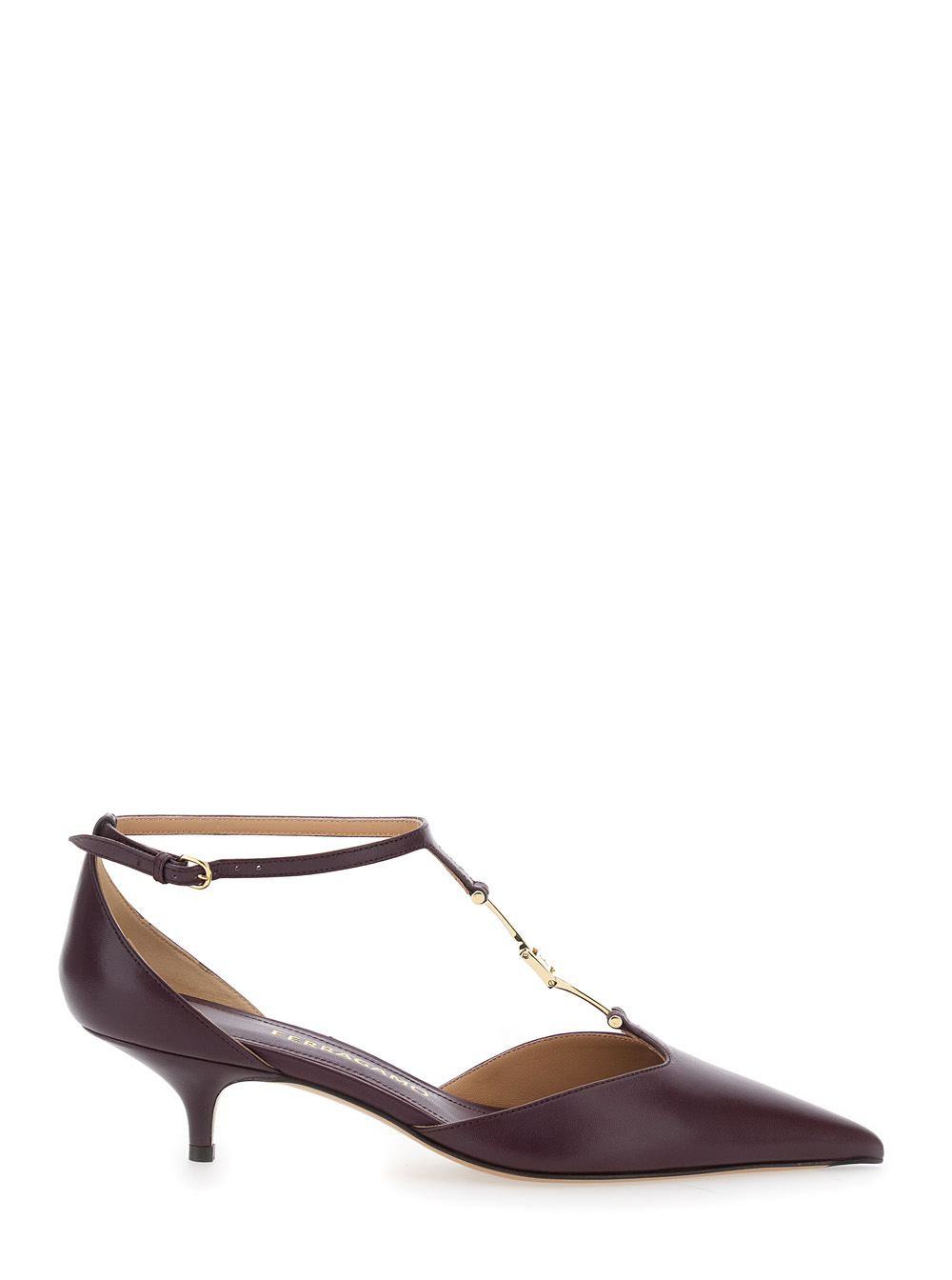 Ferragamo Bordeaux Pumps with T Strap and Low Heel in Leather Woman Goat Heels – Women