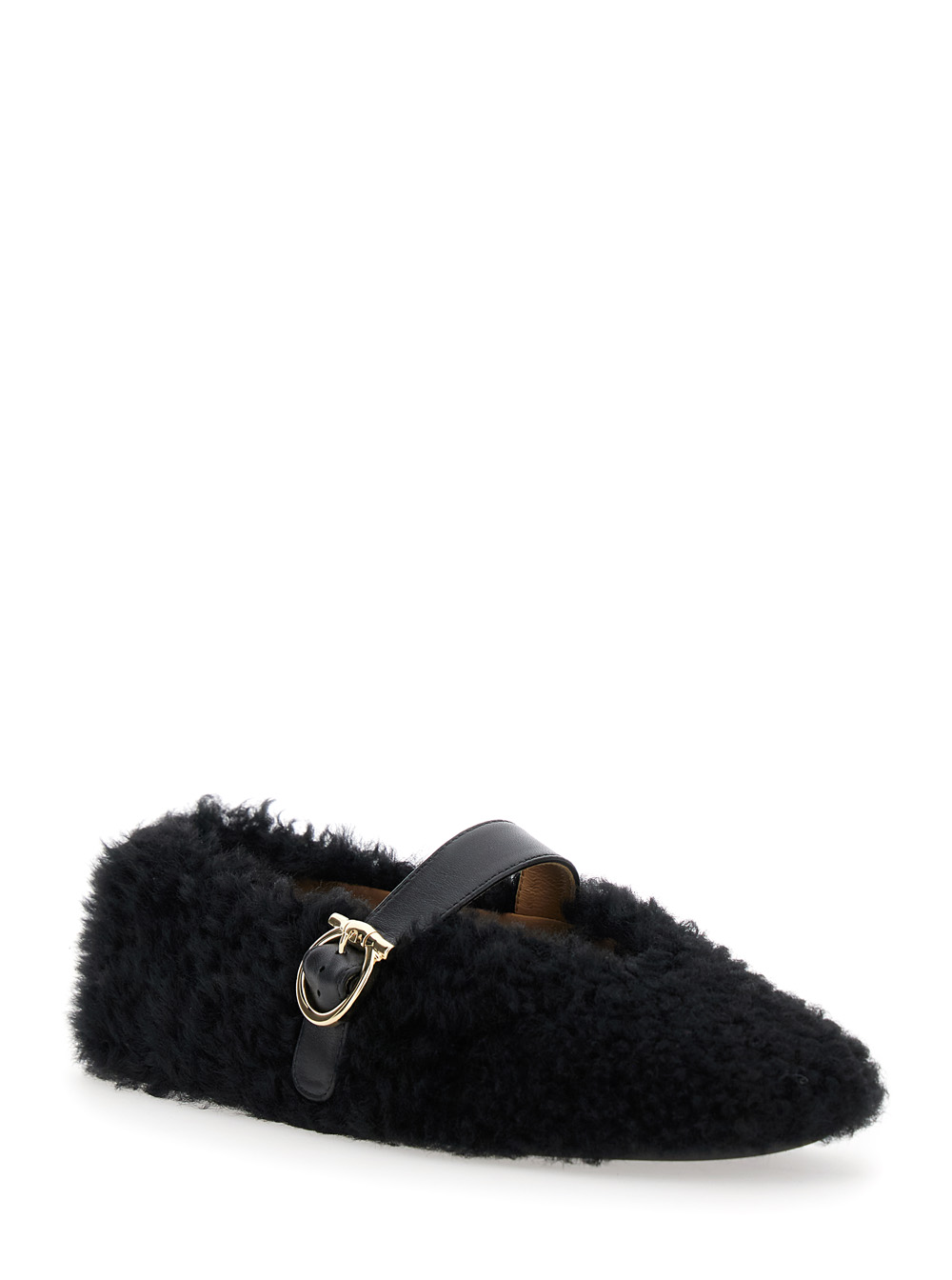 Ferragamo Black Ballerinas with Shearling Design and Buckle in Leather Woman Brown Lamb – Women