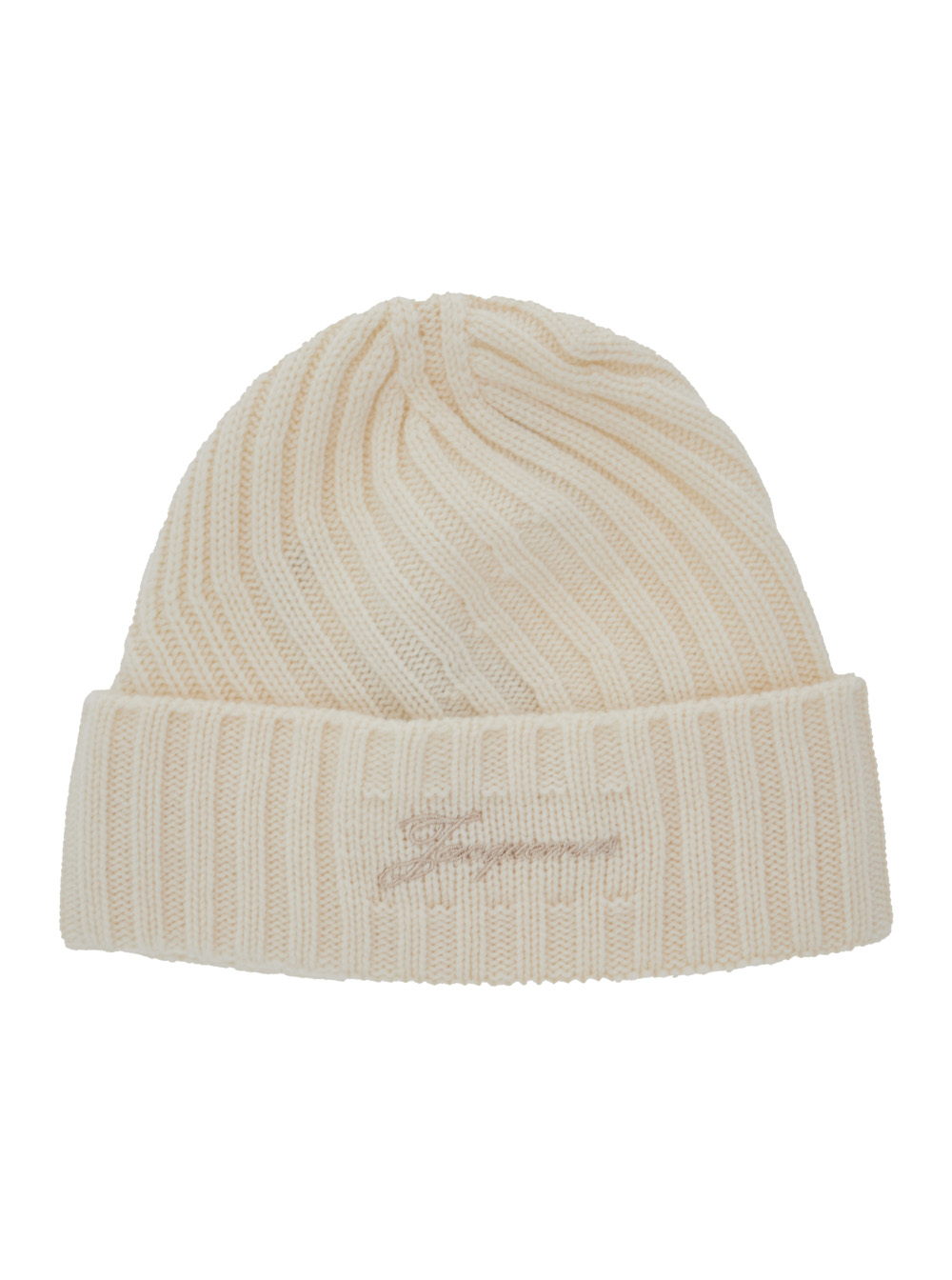 JACQUEMUS Jacquemus Le Bonnet Tourni White Beanie with Turn-Up Brim and Logo Lettering on the Front in Wool Man Hats Gloves - Men　