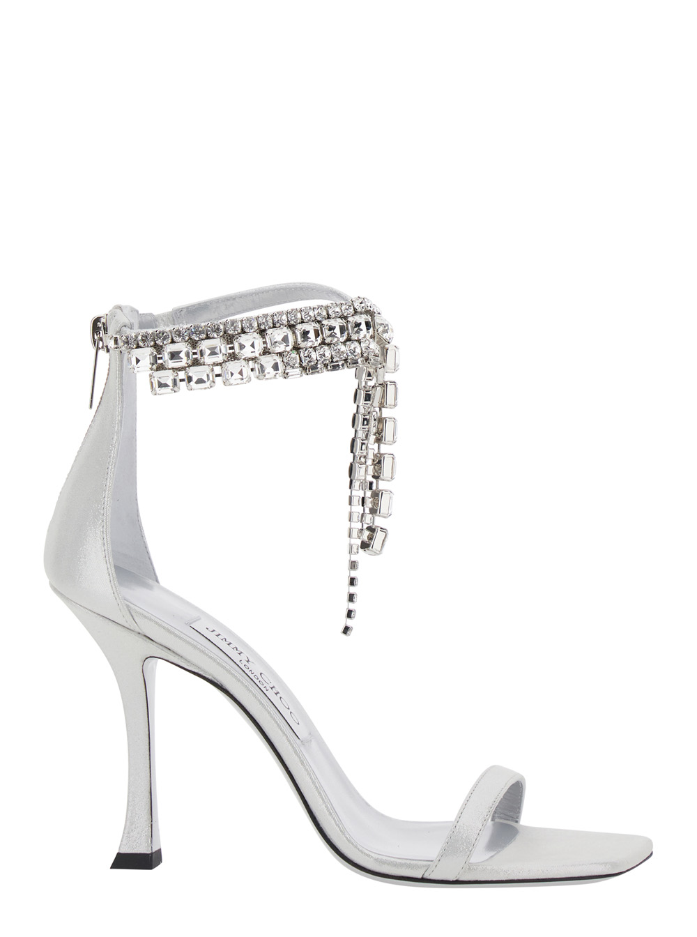 Jimmy Choo Crystal Metallic Sandals with Rhinestoned Ankle Strap and High Curved Heel in Leather Woman Heels – Women