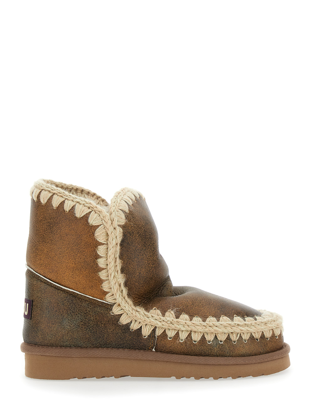 Mou Women's Brown Eskimo Ankle Boots With Crochet Details And Logo Patch On The Rear In Suede Woman Sheep