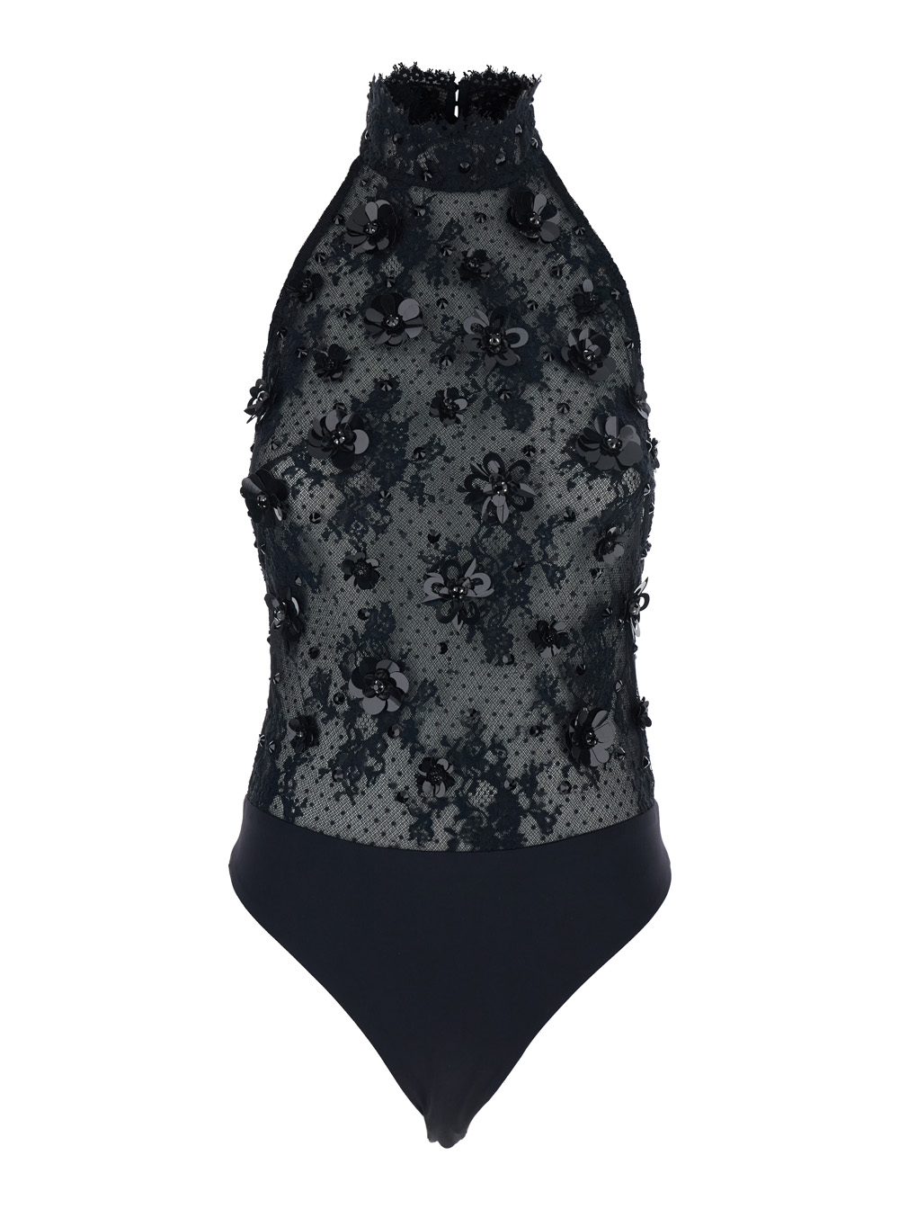 Retrofete Black Bodysuit with Halterneck and All-Over Floral Embroidery in Tech Fabric Woman Nylon Tops – Women