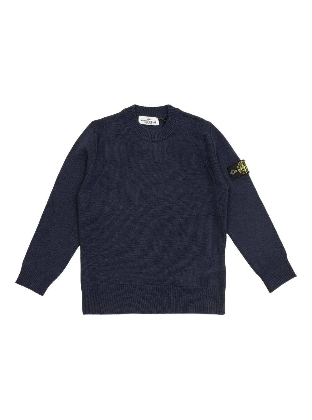 Stone Island Kids Boys Blu E Crewneck Sweater With Logo Patch On The Sleeve In Ribbed Trims Wool And Cashmere Blend Jersey - Kids