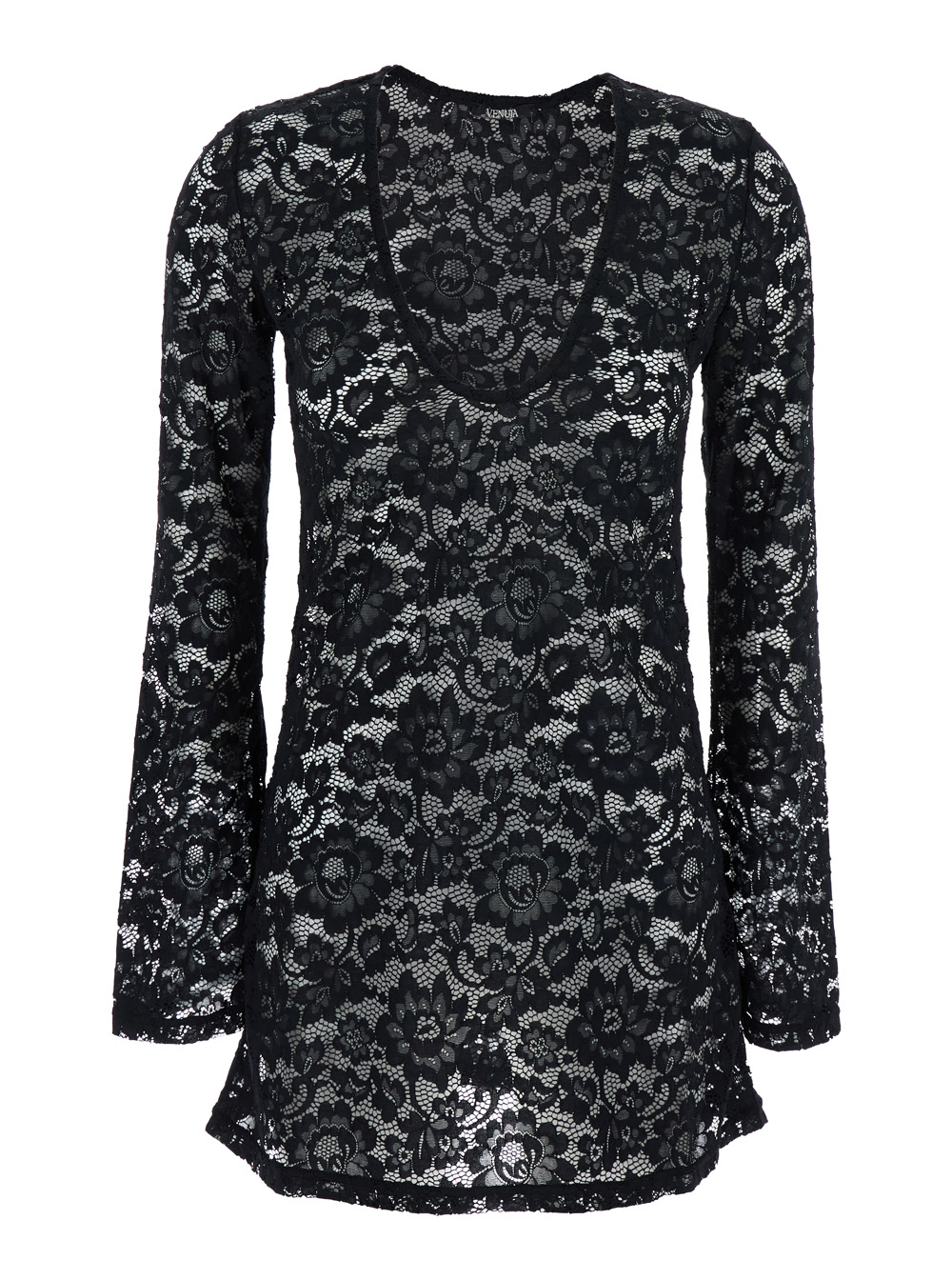 Venuja Bohemia Black Mini Dress With All-Over Lace Embroidery Tech Fabric Stretch Woman – Women