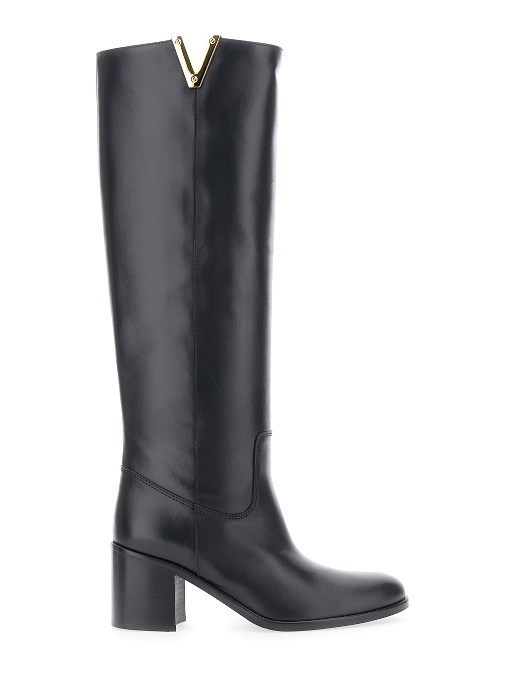 Via Roma 15 Black Knee-High Boots with Cut-Out on the Side and Logo Plaque in Leather Woman Cow – Women