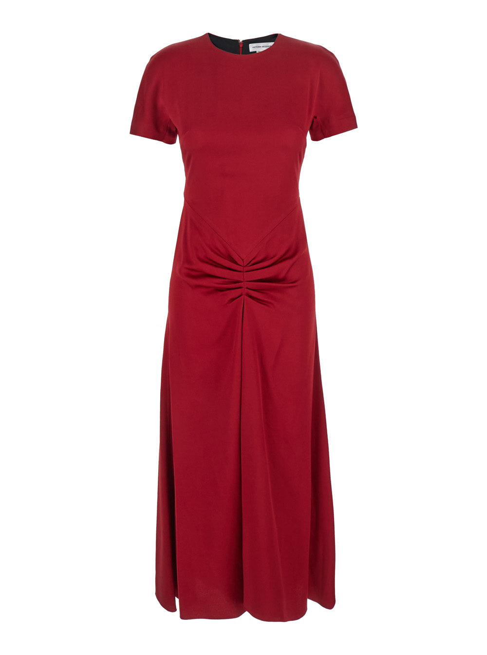 Victoria Beckham Women's Red Crewneck Midi Dress With Gathe Waist And Rear Zip Closure In Viscose Blend Woman Acetate