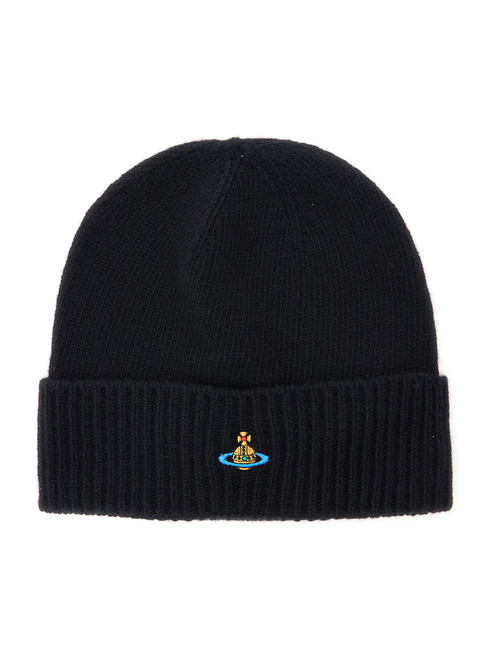 Vivienne Westwood Unisex Black Beanie With Orb Patch On The Front And Ribbed Brim In Cashmere Hats Gloves