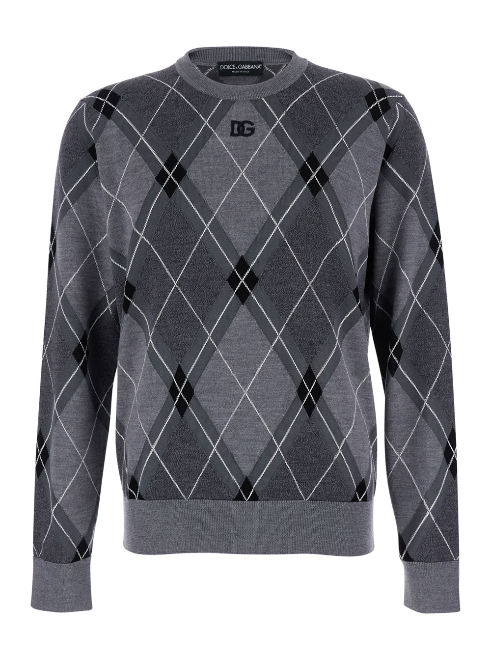 Dolce & Gabbana Grey Crew Neck Sweater with Front Logo and Diamond Pattern in Wool Blend Man Silk Virgin Jersey – Men