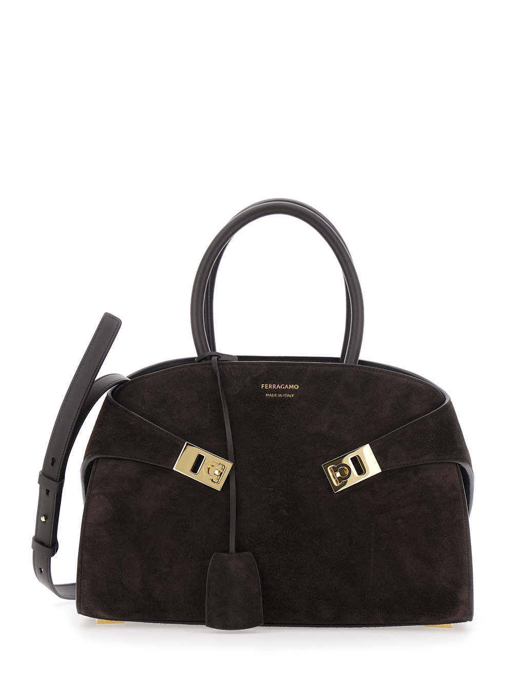 Ferragamo Women's Brown Handbag Hug Piccola With Logo And Gancini Buckles Suede For Goat Calf Hand Bags