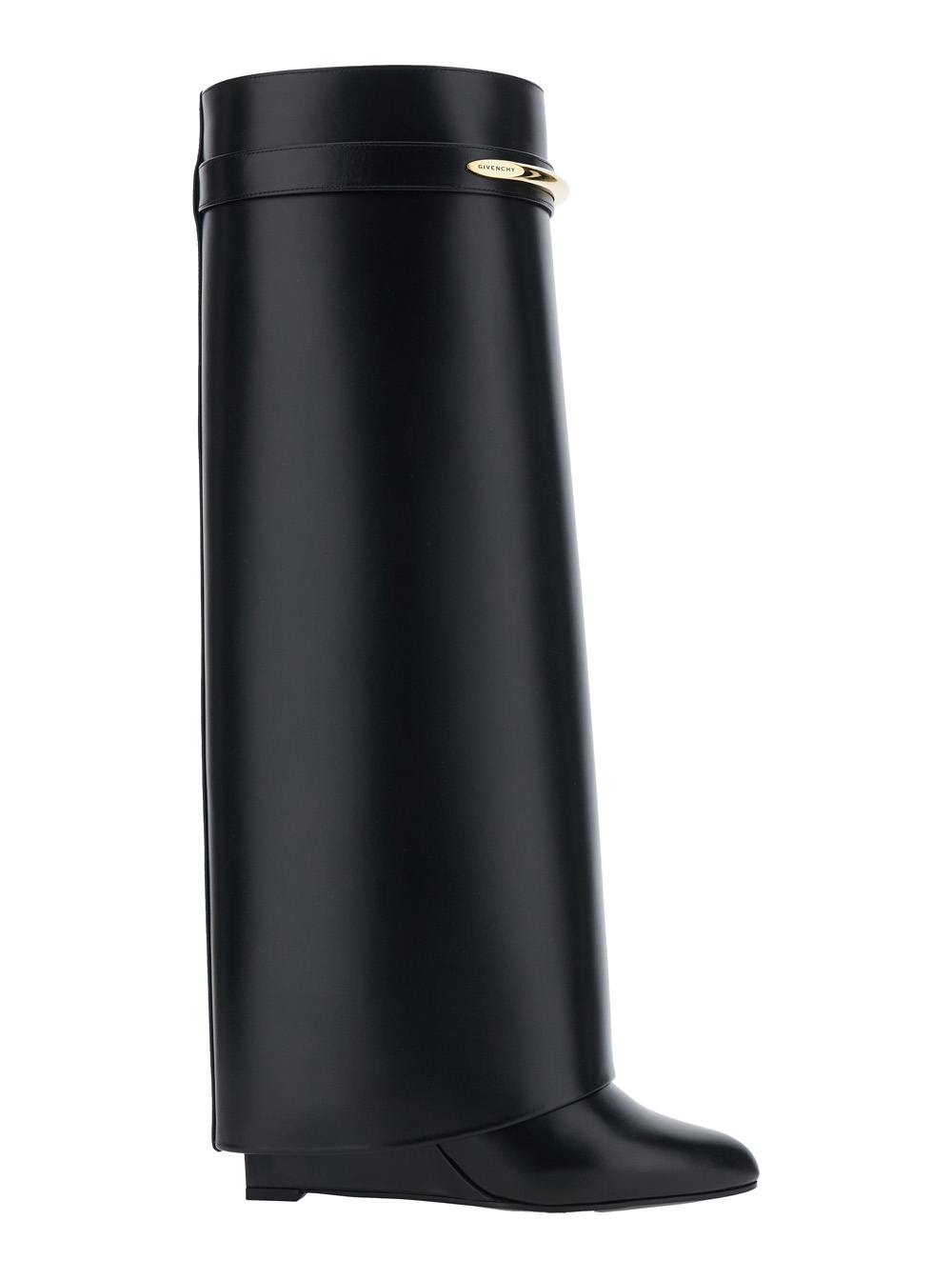 Givenchy High Wedge Heeled Shark Pointed Boots With Logo Plate On The Front Black Leather For Women Calf – Women
