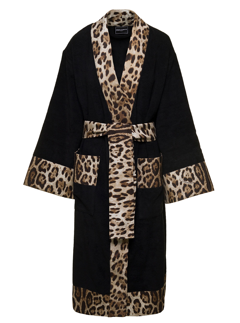 Dolce & Gabbana Casa Black Kimono Bathrobe With Leopard Trim Cotton Dolce & Gabbana Bathrobes