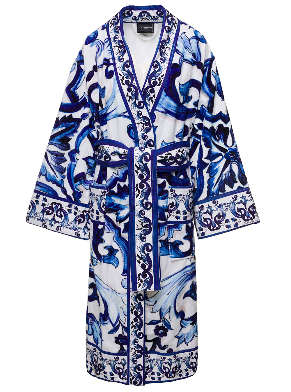 Dolce & Gabbana Casa Multicolor Kimono Bathrobe With All-Over Blu Mediterraneo Print Cotton Dolce & Gabbana Bathrobes