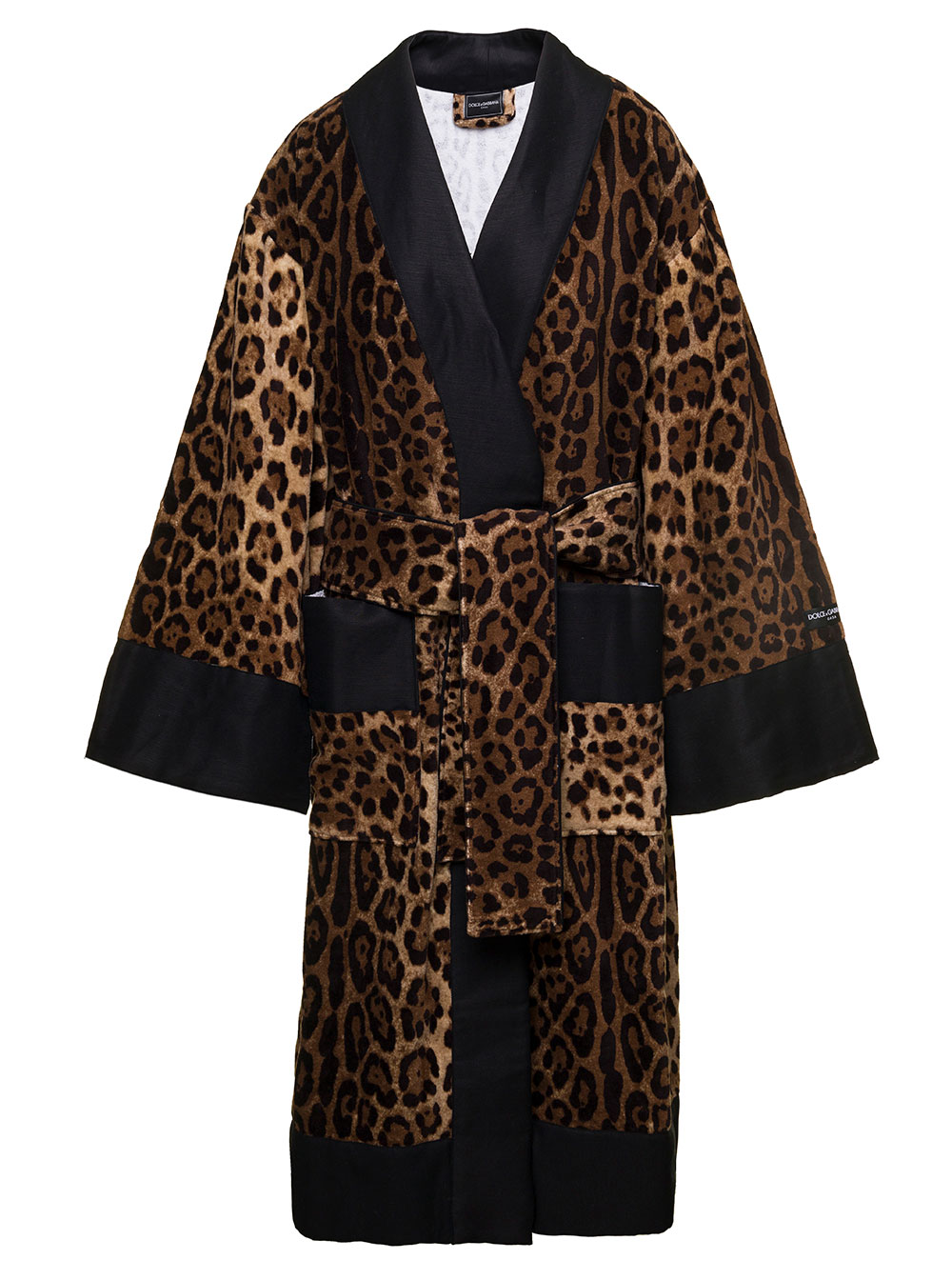 Dolce & Gabbana Casa Multicolor Kimono Bathrobe With All-Over Leopard Print Cotton Dolce & Gabbana Brown Bathrobes