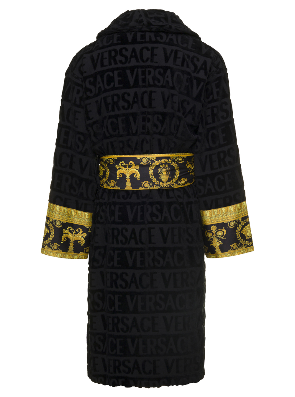 VERSACE Black Bathrobe With Baroque Pattern Terry Cotton Versace Home Bathrobes　バロック柄の黒のバスローブ テリー コットン ヴェルサーチ ホーム バスローブ