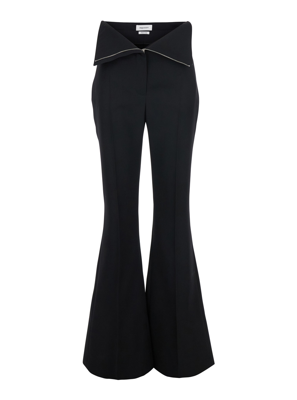 Alexander McQueen Black Flared Pants with Foldover Waist in Wool Woman Trousers – Women