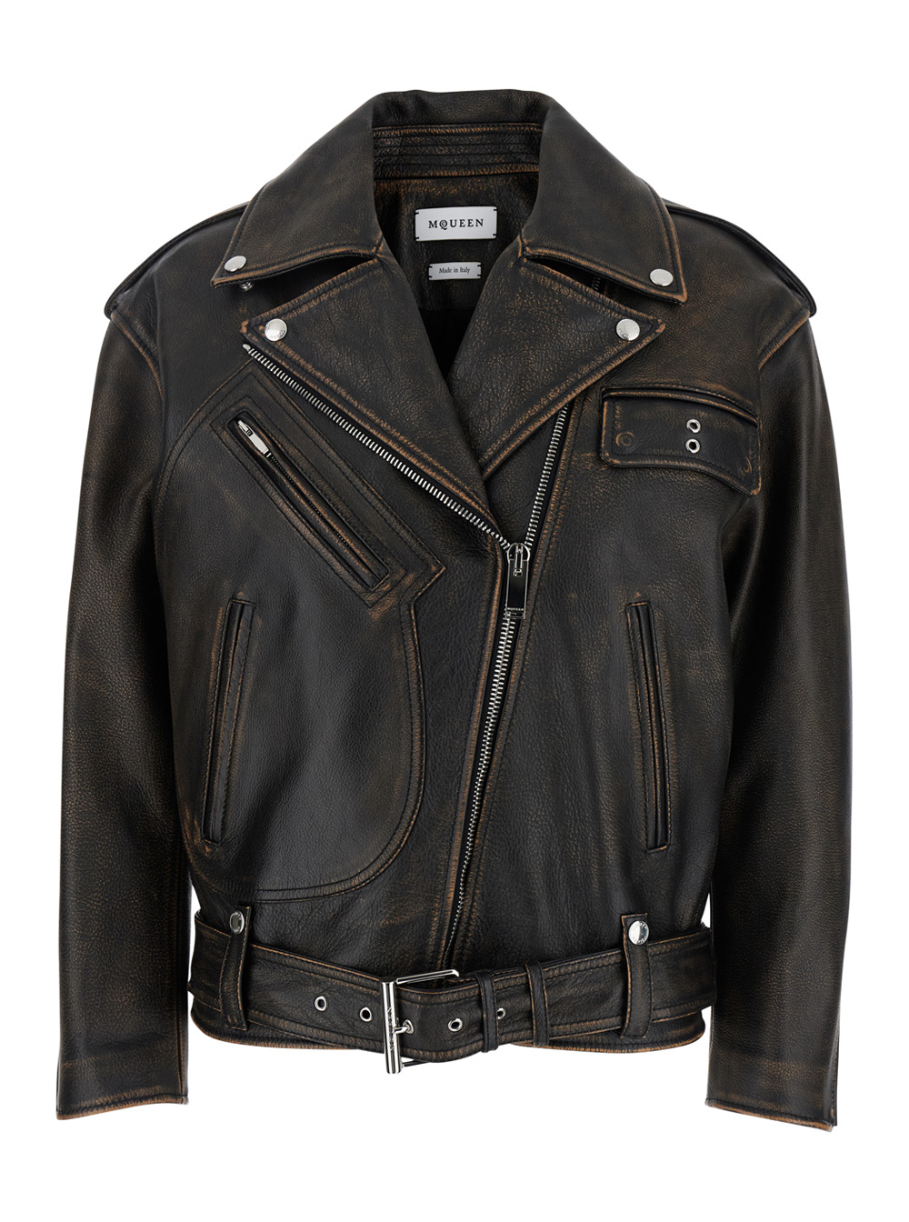 Alexander McQueen Antiqued Brown Biker Jacket with Wide Classic Lapels and Decentralized Zip Closure in Leather Woman Cow Outerwear – Women