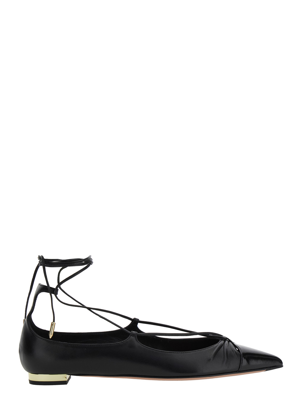 Aquazzura Gabi Ballet Shoes with Criss-Crossed Ankle Strap in Leather Woman Black Ballerinas – Women