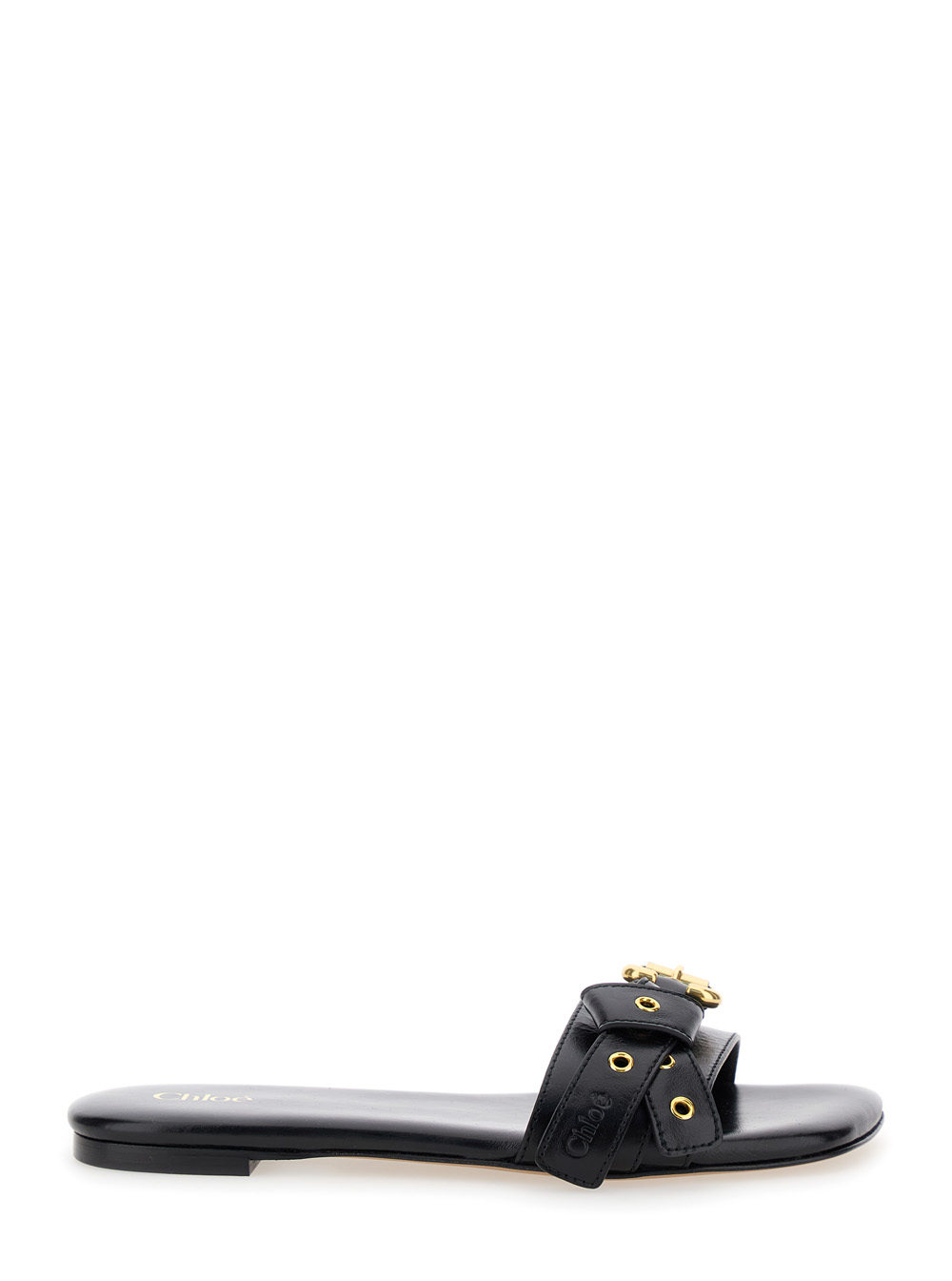 Chloé Mae Black Slip-On Sandals with Embossed Logo on the Insole in Leather Woman Calf Flat Shoes – Women