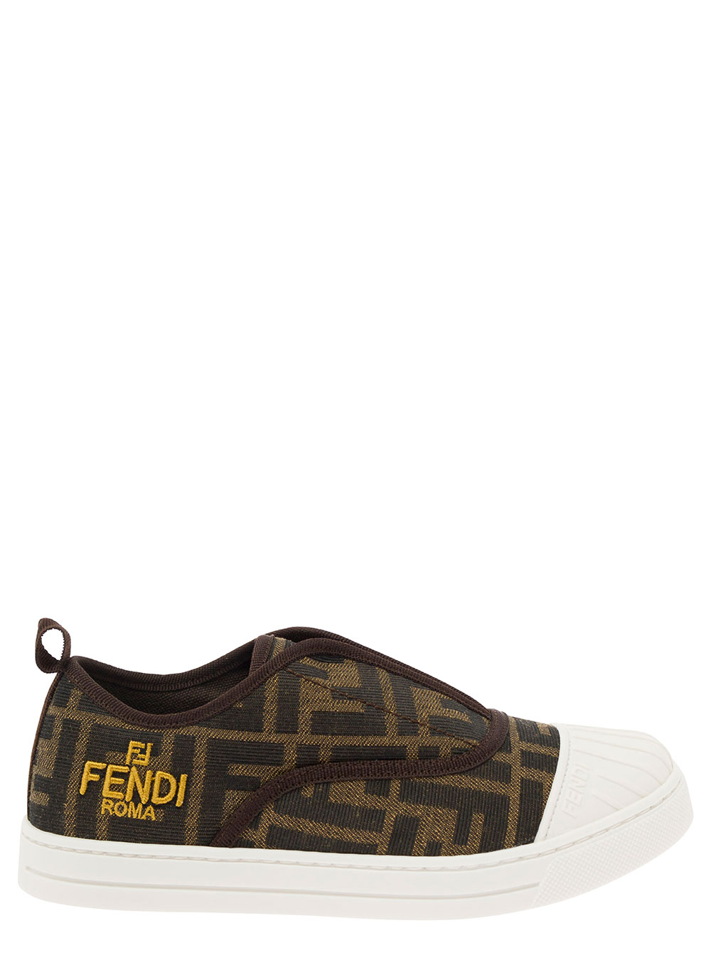 Fendi Kids Boys Brown Pull-On Sneakers With Logo Embroidery In Ff Canvas Cotton - Kids