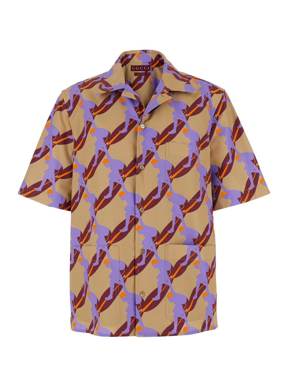 Gucci Men's Multicolor Bowling Shirt With Cuban Collar And All-Over Print In Cotton Man Blouses
