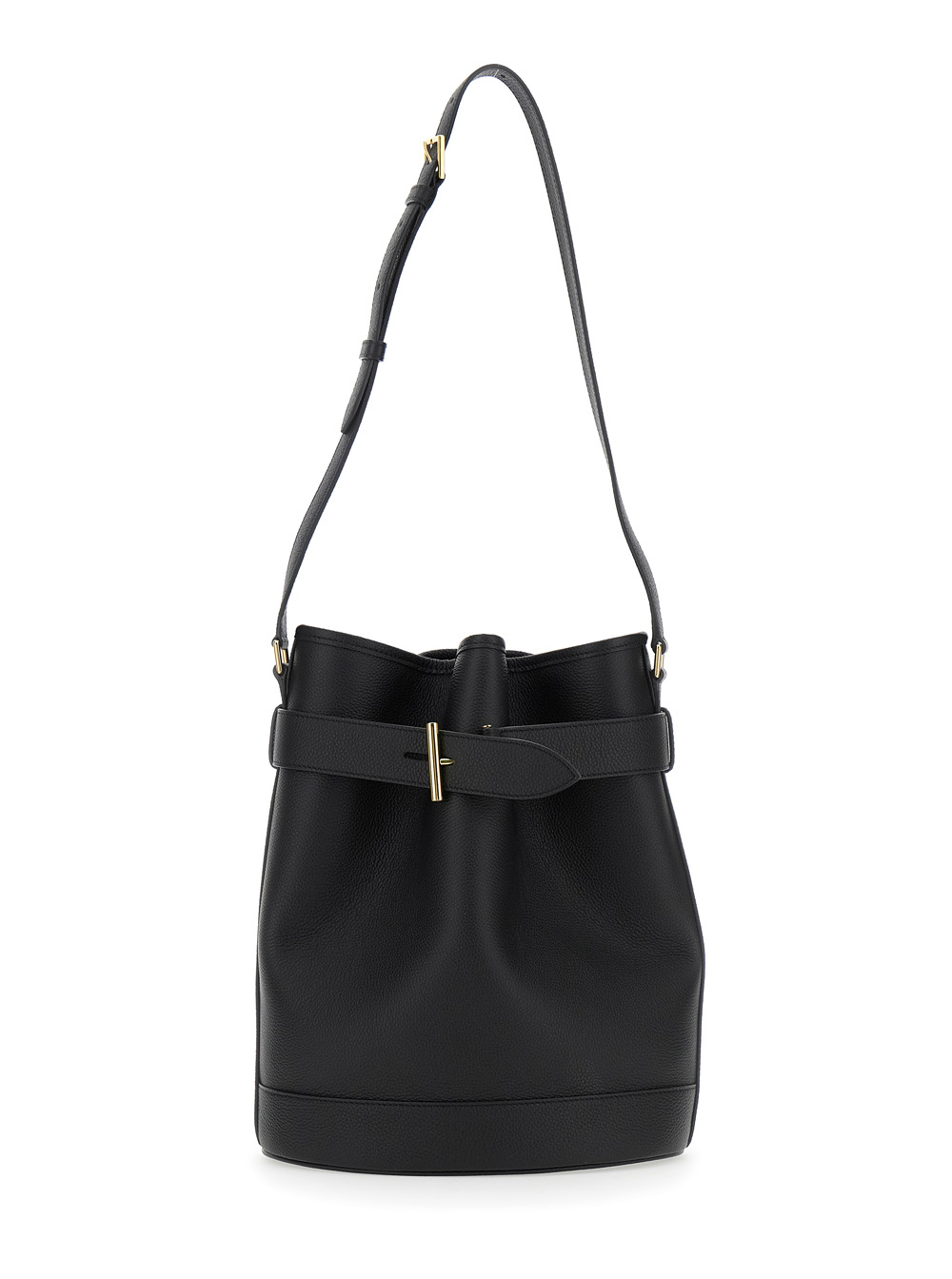 Tom Ford Black Medium Bucket Bag with Adjustable Shoulder Strap and Buckle Closure in Grained Leather Woman Calf – Women