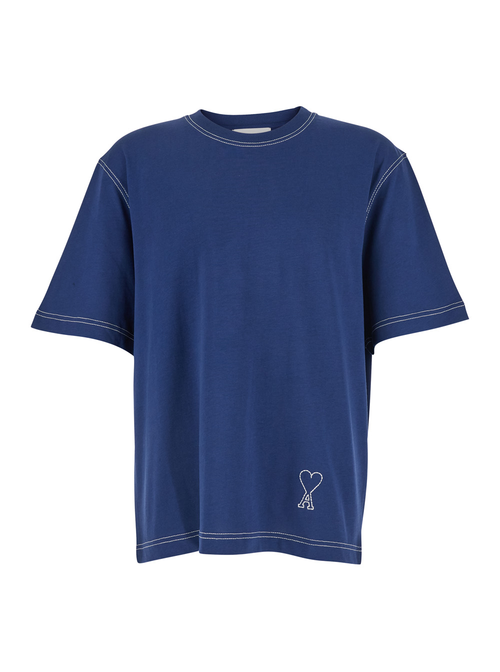 Ami Paris Men's Blu Short Sleeves Boxy Fit Teeshirt With Topstitched Ami De Coeur Tshirts And Polo Shirts