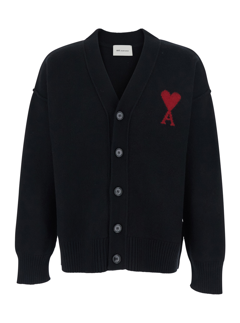 Ami Paris Men's Black V-Neck Cardigan With Adc Embroidery On Front In Wool For Jersey