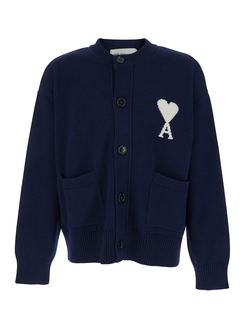 Ami Paris Men's Blu E Crew Neck Cardigan With Contrasting Adc Logo In Wool And Cotton Blend For Jersey