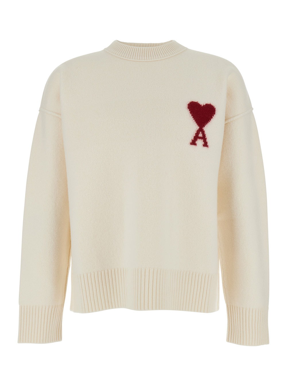Ami Paris Men's White Crew Neck Sweater With Adc Embroidery On The Front In Wool Man Jersey