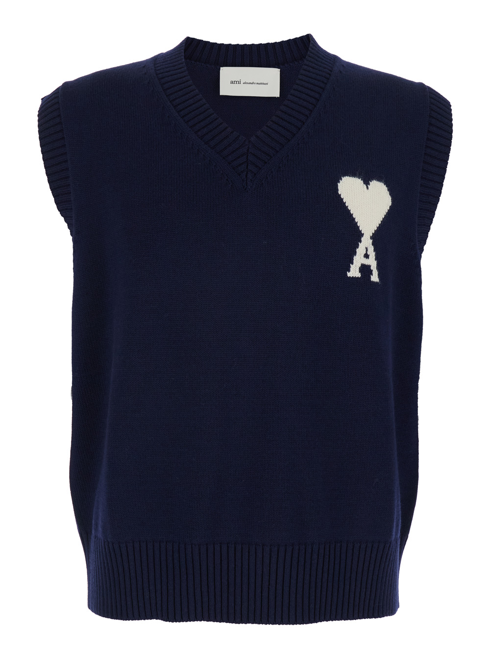 Ami Paris Men's Blu E Vest With V-Neck And Logo On The Front In Wool Cotton Blend Man Blazers