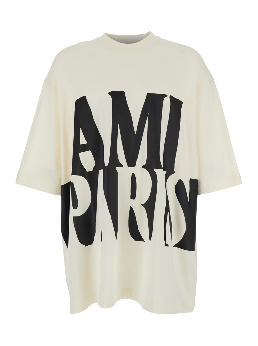 Ami Paris Men's White Crew Neck T-Shirt With Maxi Logo Print On The Front And Adc Detail Back In Cotton For Tshirts Polo Shirts