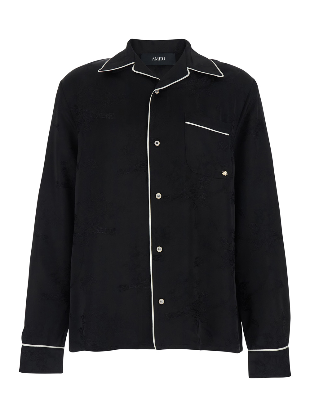 Amiri Men's Black Long-Sleeved Shirt With Cuban Collar And Tone-On-Tone Floral Embroidery In Viscose For Blouses