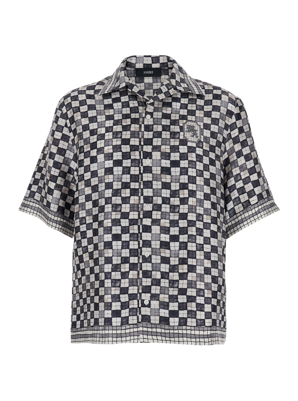 Amiri Amiri Silk Shirt with All-Over Check Motif and Logo Lettering on the Back Black Men Blouses - Men　アミリ シルク シャツ、全面チェック モチー